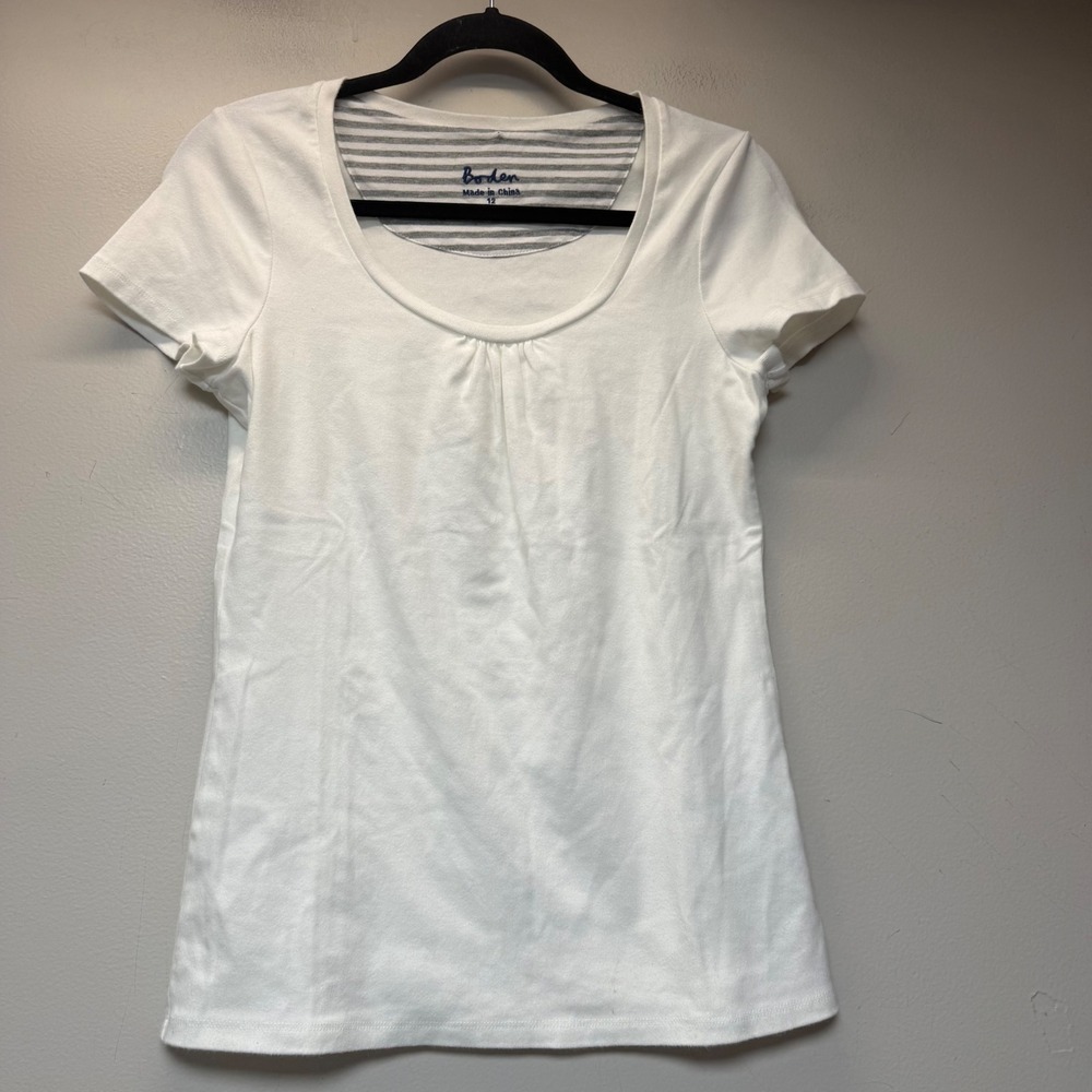 Boden Scoop Neck T-Shirt Womens 12 White Excellent Pleated Cotton‎ Blend WL524